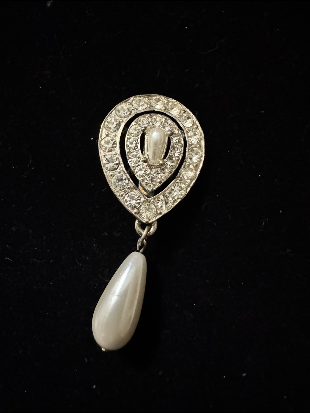 Vintage Silver-Tone Drop Pearl Brooch with Clear Crystals